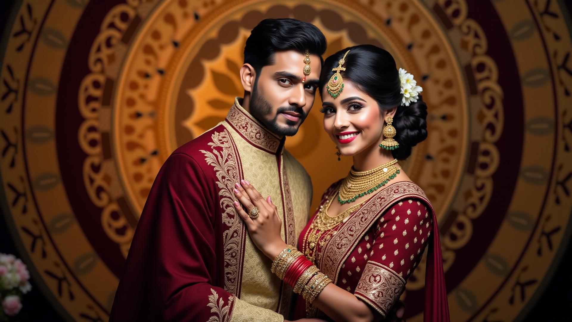 Happy Indian couple in traditional wedding attire